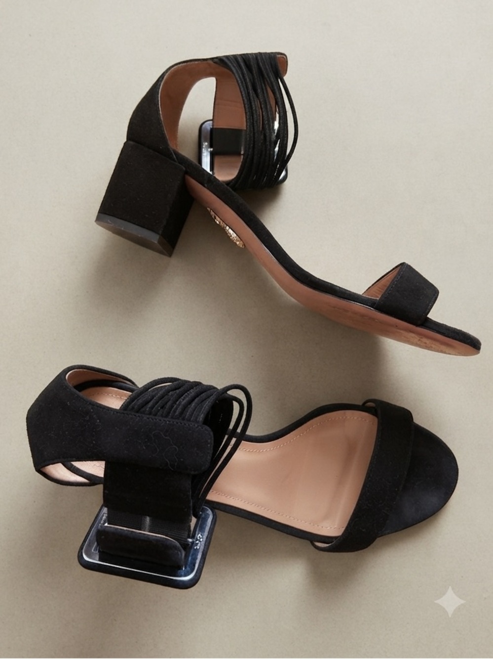Aquazzura Sz 7.5 (37.5) Leather Suede Black Buckle Block Heel Sandals